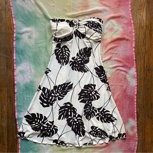 Y2K B. Smart White and Brown Monstera Leaf Tropical Print Dress